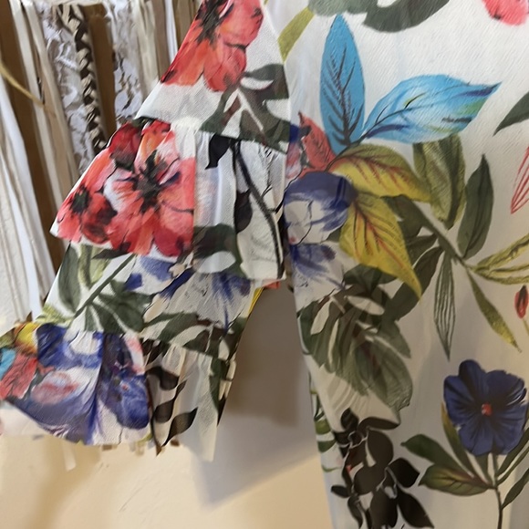 Mesh Floral Print Top with Double Ruffled Sleeves/ Sheer   Mesh Top/ Size Large - Picture 2 of 8